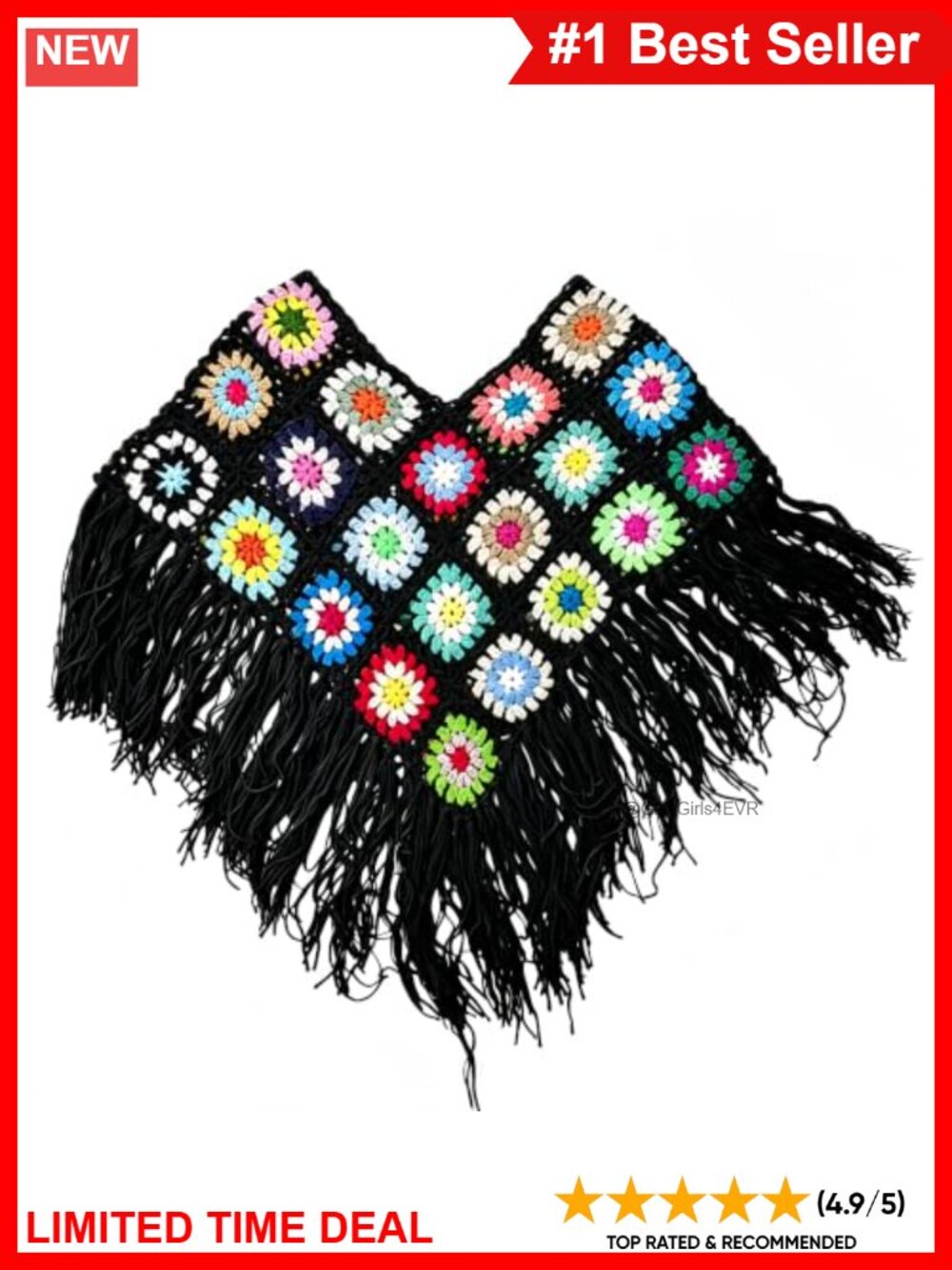 Hand-Stitched Cotton Crochet Granny Square Poncho Fringe Cape